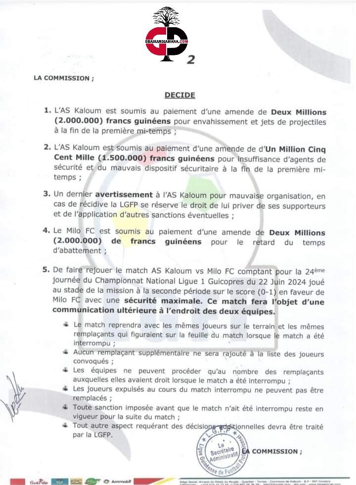 Confrontation AS Kaloum/Milo FC, le match sera rejoué (Décision de la Ligue)