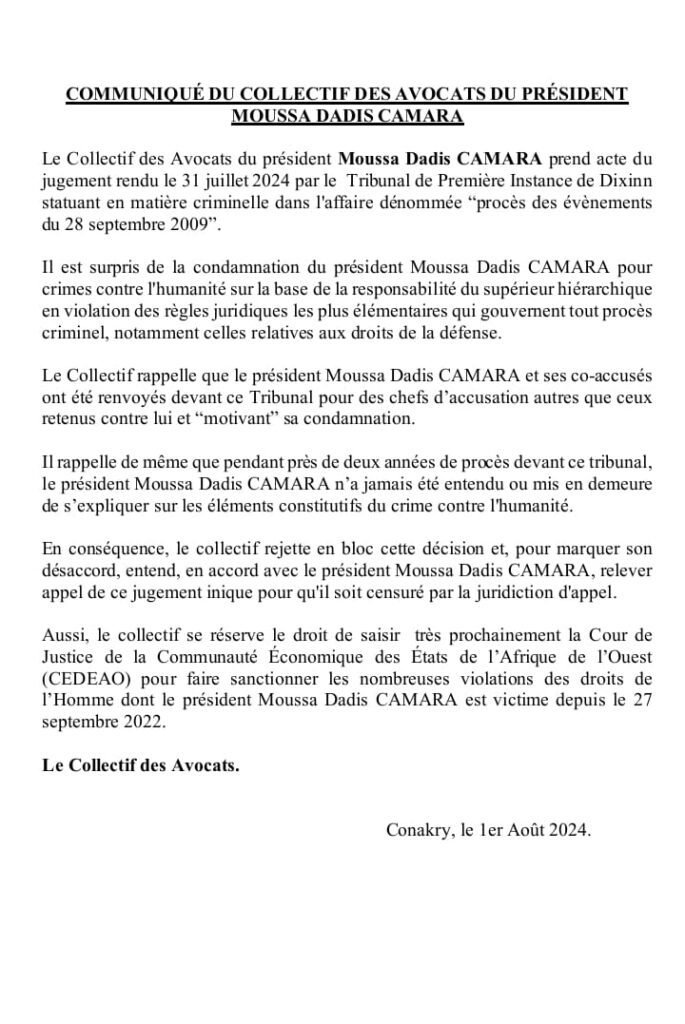 Urgent !Les avocats de l'ancien président Dadis rejettent sa condamnation (Communiqué )👇🏿