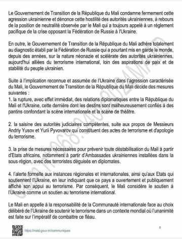 Mali: les autorités de la transition décident la rupture diplomatique avec l’Ukraine.