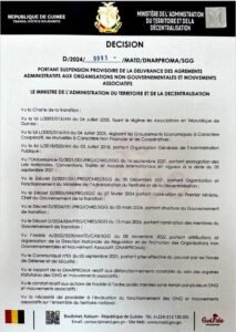 Guinée : Le gouvernement suspend la délivrance des agréments administratifs aux associations et ONG ( Décision)