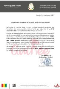 Guinée : Non, ce lundi 16 septembre 2024, n'est pas un jour férié (Communiqué Officiel)