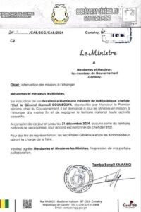 Guinée : tous les ministres en mission, sommés de regagner le pays à l'effet immédiat.