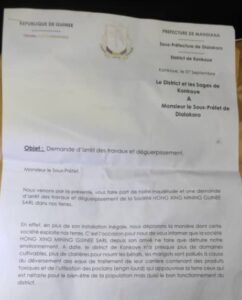 Konkoye (mandiana) : la société chinoise hongxing mining guinée sarl accusée de destruction de l'environnement par la population, qui exige son départ immédiat.