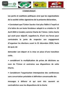 Urgent /Guinée : L'union sacrée s'effondre, quatre de ses membres se retirent (Communiqué)