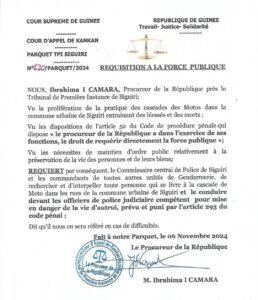 Urgent / Siguiri : Le procureur hausse le ton et ordonne l'arrestation de tout cascadeur de moto dans la ville (Réquisition)