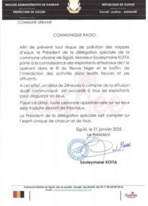 Siguiri : le président de la délégation spéciale interdit l'orpaillage sur le fleuve (Communiqué) 5 Siguiri : le président de la délégation spéciale interdit l'orpaillage sur le fleuve (Communiqué)