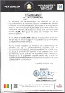 Guinée : un centre d'appel opérationnel 24h/24 pour répondre aux préoccupations liées au recensement biométrique( Communiqué)