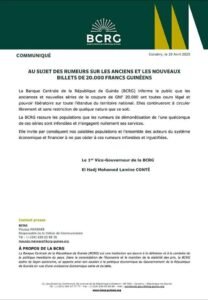 Pas de démonétisation des billets de 20.000 GNF : la BCRG met fin aux rumeurs