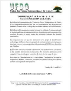 Guinée : l’UFDG dément une déclaration attribuée à un faux « collège des secrétaires fédéraux de la Basse Guinée »