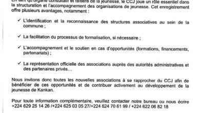 Kankan : Le Conseil Communal de la Jeunesse (CCJ) appelle à l’enregistrement des nouvelles associations