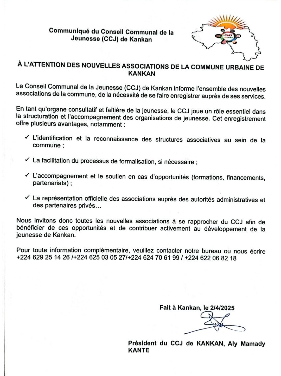 Kankan : Le Conseil Communal de la Jeunesse (CCJ) appelle à l’enregistrement des nouvelles associations