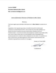 Bloc Libéral : Le secrétaire fédéral de Kankan, Lanciné Condé, annonce sa démission(Lettre)