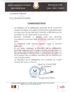 Siguiri : la commune annonce la découverte du corps d’un jeune emporté par les eaux dans la rive Rourou 2 Siguiri : la commune annonce la découverte du corps d’un jeune emporté par les eaux dans la rive Rourou