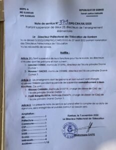 Kankan : Le DPE suspend deux directeurs d’écoles pour faute lourde