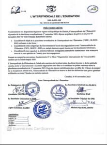 Guinée : L’intersyndicale de l’Éducation dépose un préavis de grève nationale