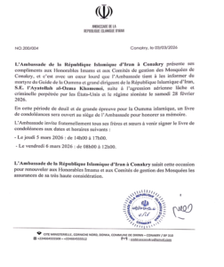 Décès d’ali khamenei : l’ambassade d’iran à conakry ouvre un livre de condoléances