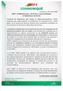 Guinée : l’arpt met en garde contre la prolifération des « wi-fi zone » illégales et annonce des sanctions 1 Guinée : l’arpt met en garde contre la prolifération des « wi-fi zone » illégales et annonce des sanctions