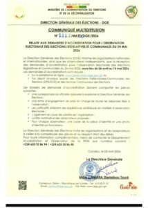 Élections législatives et communales du 24 mai 2026 : la dge ouvre les demandes d’accréditation des observateurs 1 Élections législatives et communales du 24 mai 2026 : la dge ouvre les demandes d’accréditation des observateurs