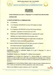 Guinée : la hac interdit dinguiraye tv sur tout le territoire national et retire la carte de presse de son fondateur