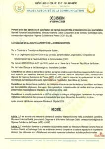 Hac : les sanctions levées contre trois journalistes, dont le correspondant régional de l'agp à labé 1 Hac : les sanctions levées contre trois journalistes, dont le correspondant régional de l'agp à labé