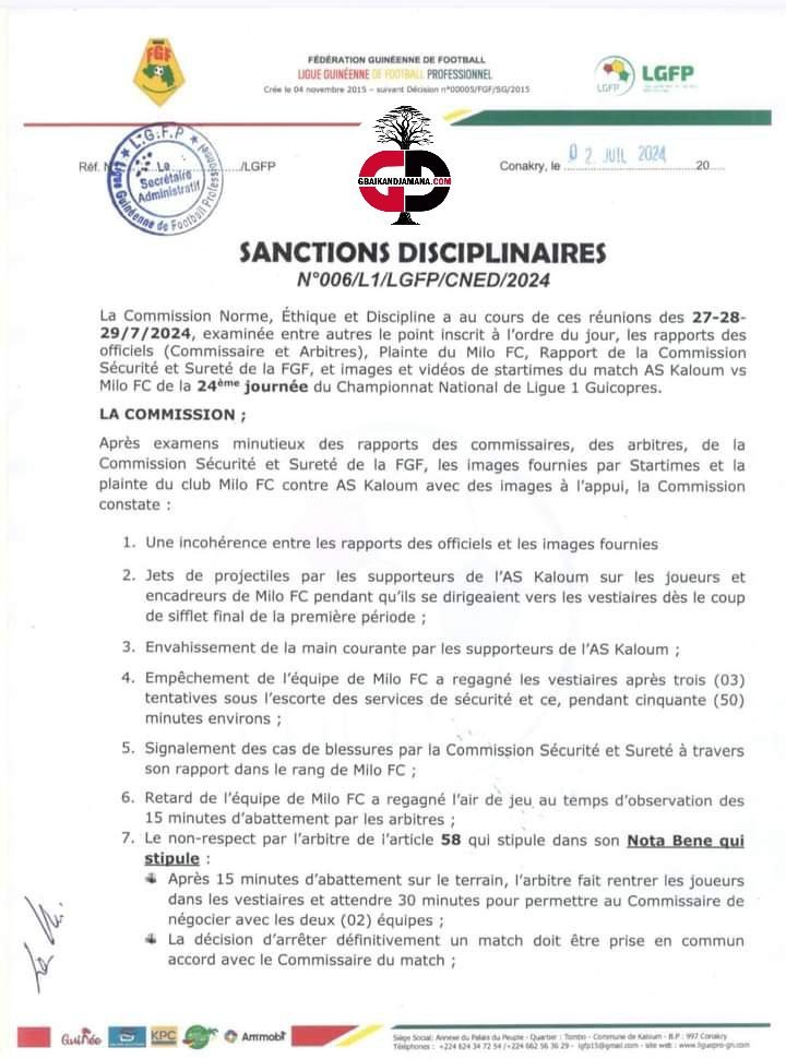Confrontation AS Kaloum/Milo FC, le match sera rejoué (Décision de la Ligue) 2 Confrontation AS Kaloum/Milo FC, le match sera rejoué (Décision de la Ligue)
