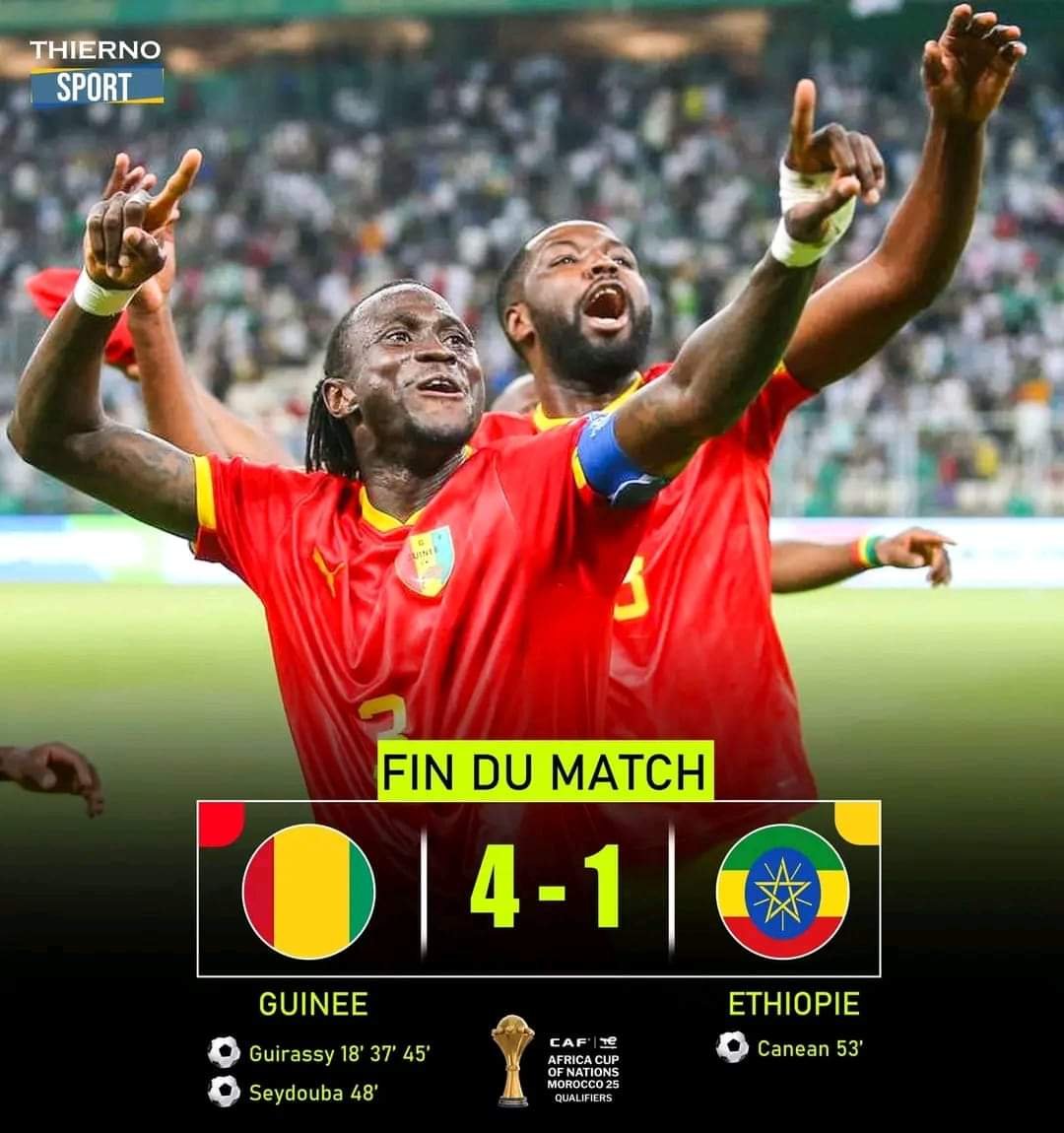 Football : La Guinée bat l'Éthiopie et se relance pour la qualification de la CAN 2025 . 1 Football : La Guinée bat l'Éthiopie et se relance pour la qualification de la CAN 2025 .