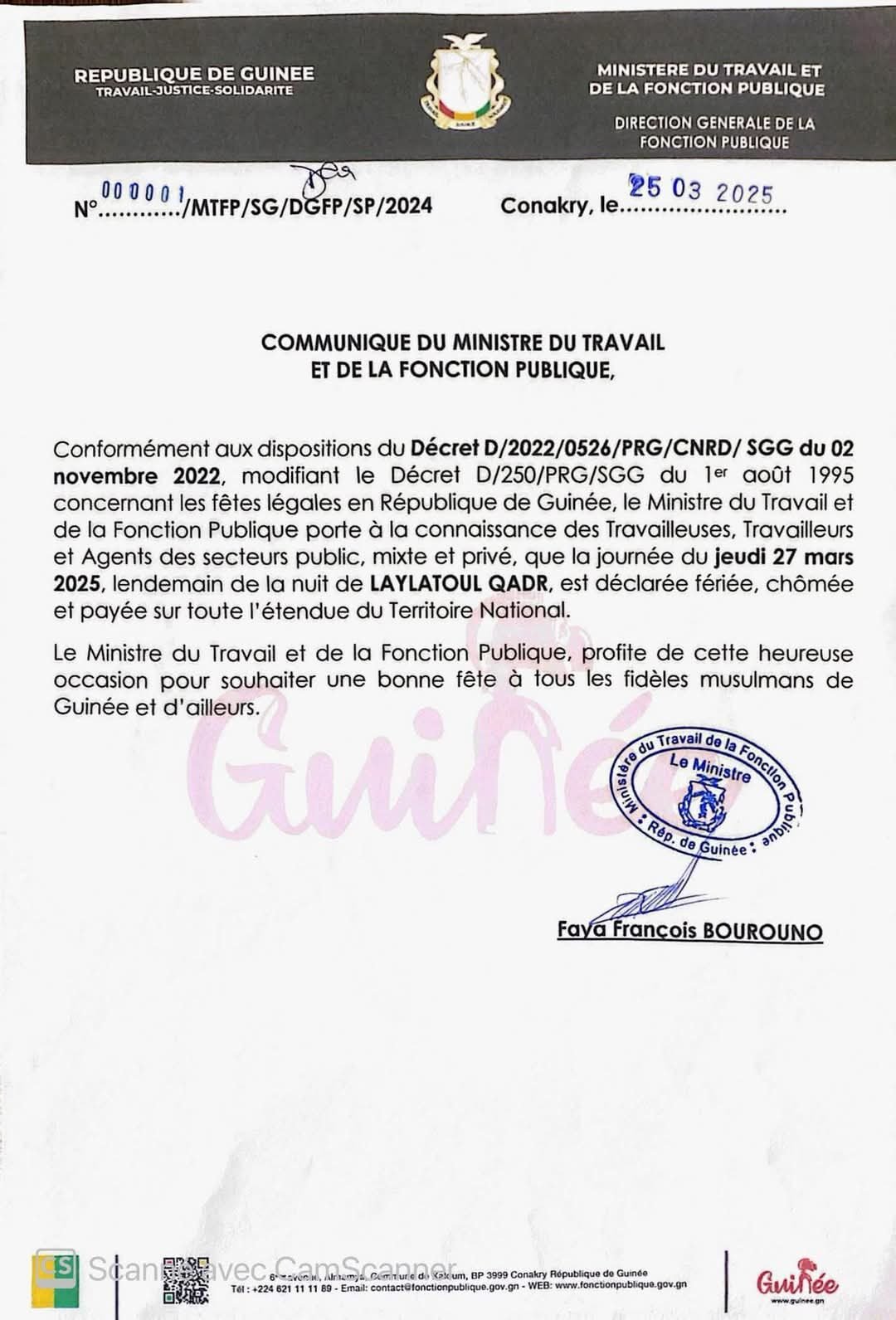 Jeudi 27 mars 2025 a été déclaré jour férié, chômé et payé en Guinée. 1 Jeudi 27 mars 2025 a été déclaré jour férié, chômé et payé en Guinée.